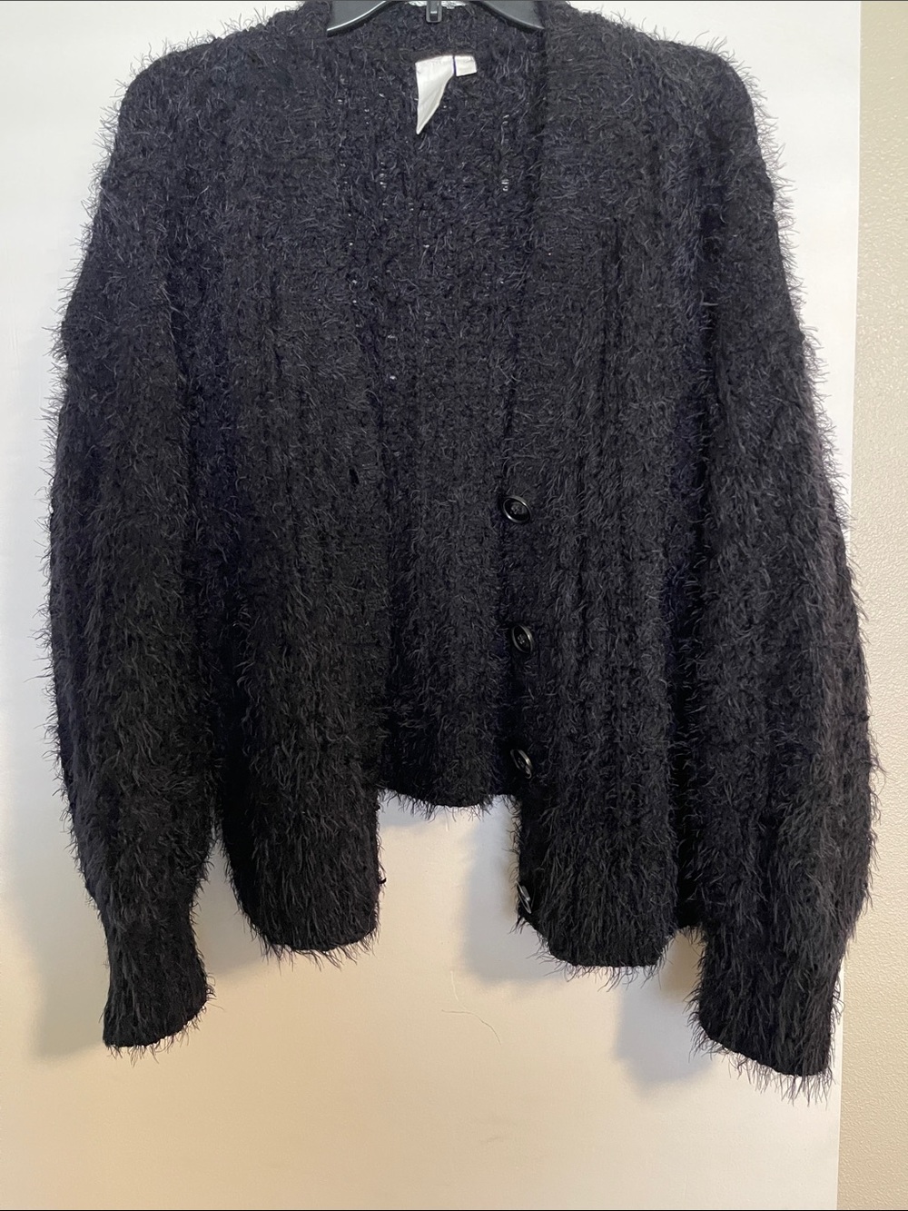Ady P Cozy Black Fuzzy Button-Front Cardigan
